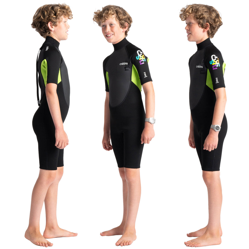 C-Skins Element 3:2 Junior Unisex Shortie Wetsuit - Black/Lime/Multi